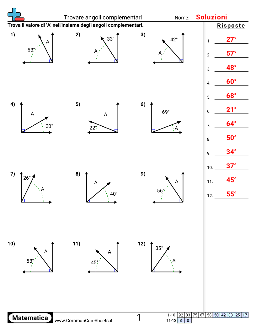 Esercizi sugli Angoli - Trovare angoli complementari worksheet