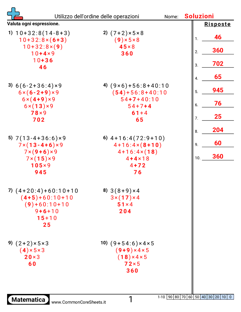 Esercizi sull'ordine delle operazioni - Usare l’ordine delle operazioni (senza negativi) worksheet