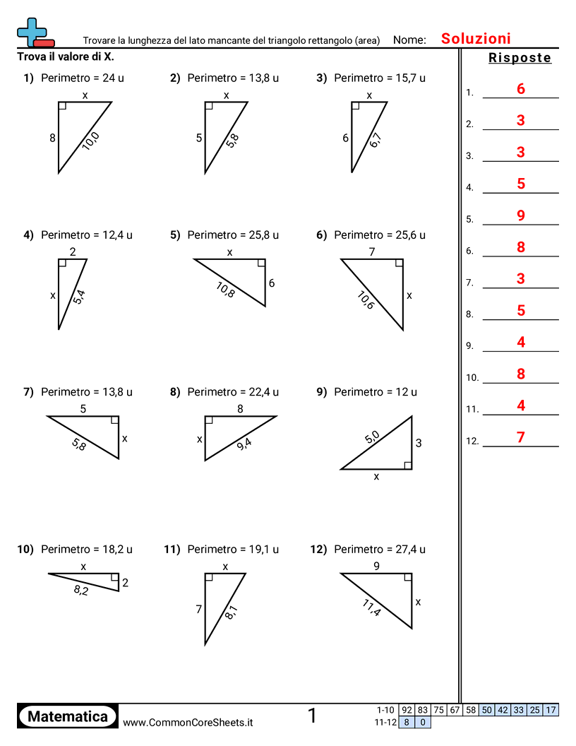 Esercizi su Area e Perimetro - Trovare il lato mancante di un triangolo rettangolo (area) worksheet