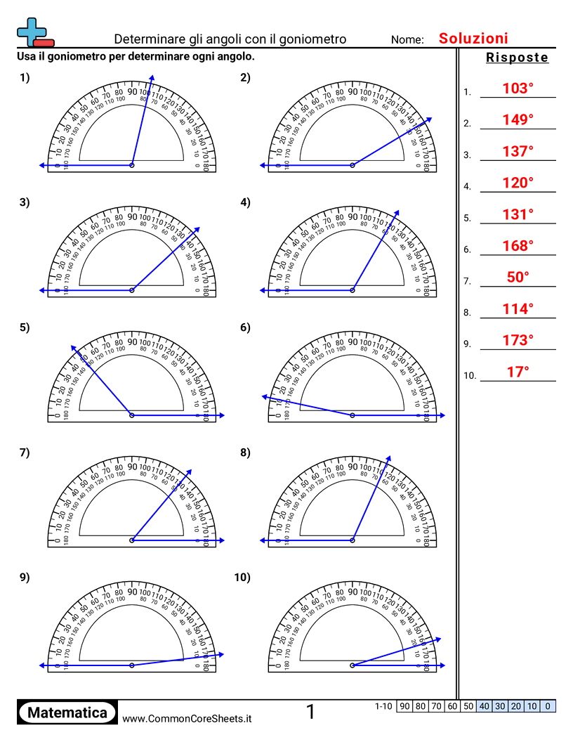 Esercizi sugli Angoli - Determinare gli angoli con il goniometro worksheet