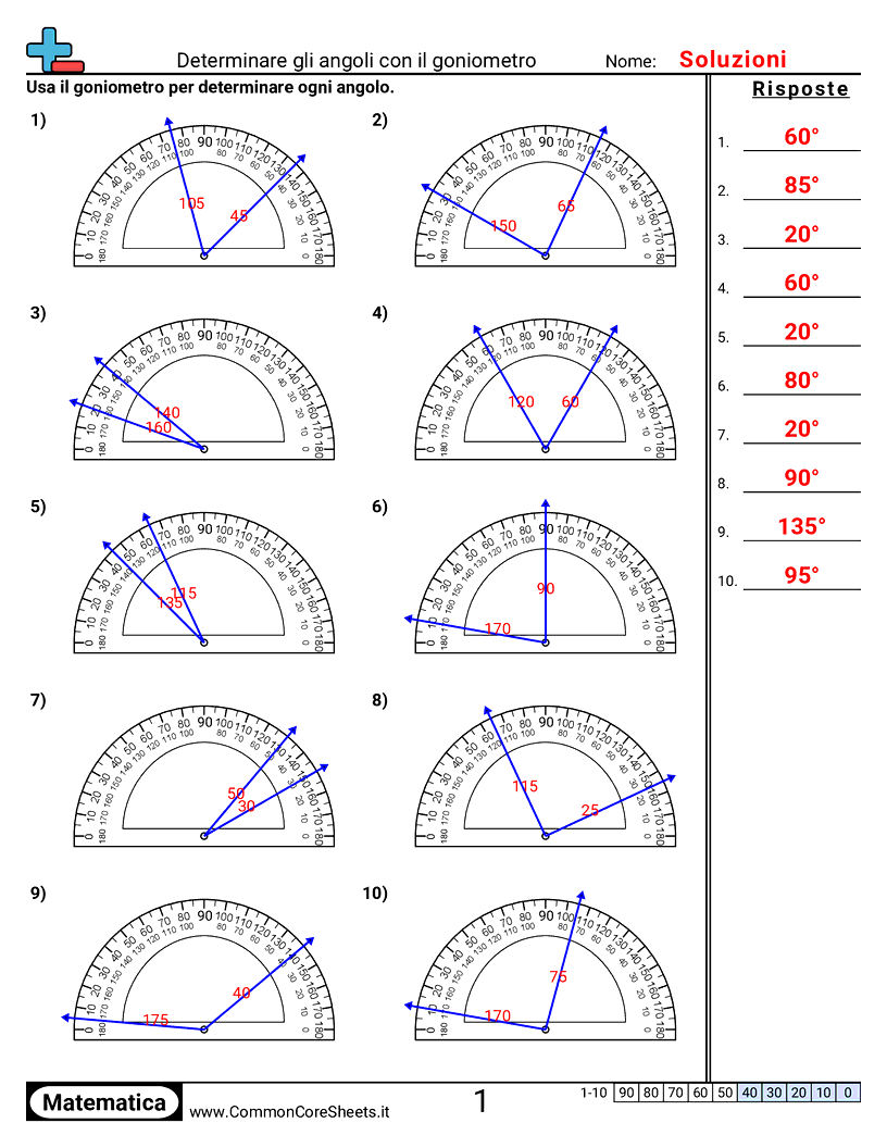 Esercizi sugli Angoli - Determinare gli angoli con il goniometro worksheet