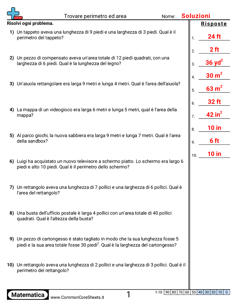 Esercizi su Area e Perimetro - Perimetro - area (a parole) worksheet