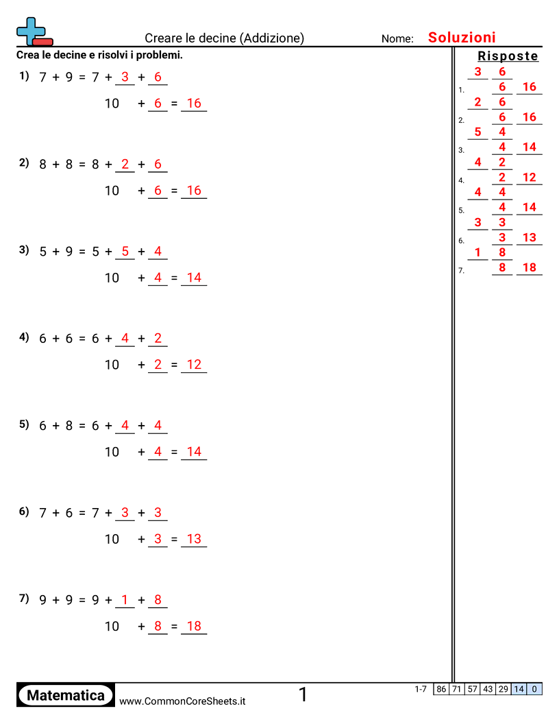 Esercizi sulle Addizioni - Creare decine worksheet