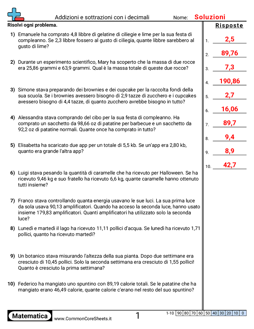 Esercizi sui Decimali - Somma e sottrazione fino ai centesimi (a parole) worksheet