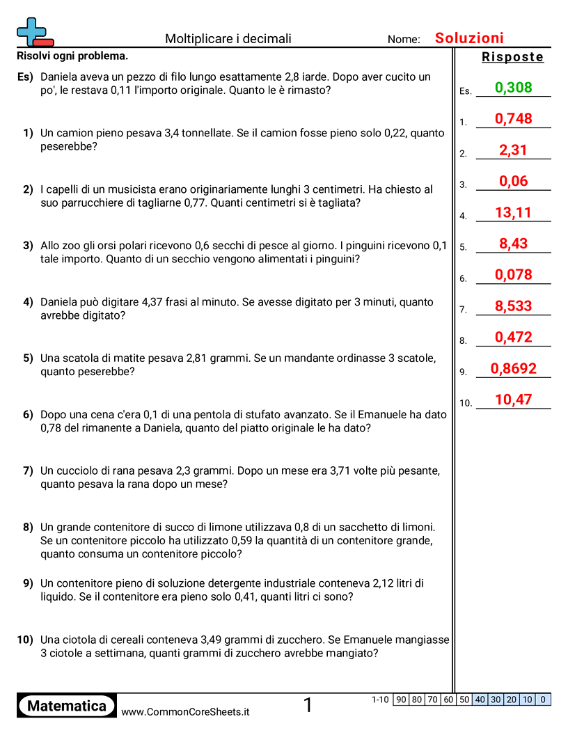 Esercizi sui Decimali - Moltiplicare decimali (a parole) worksheet