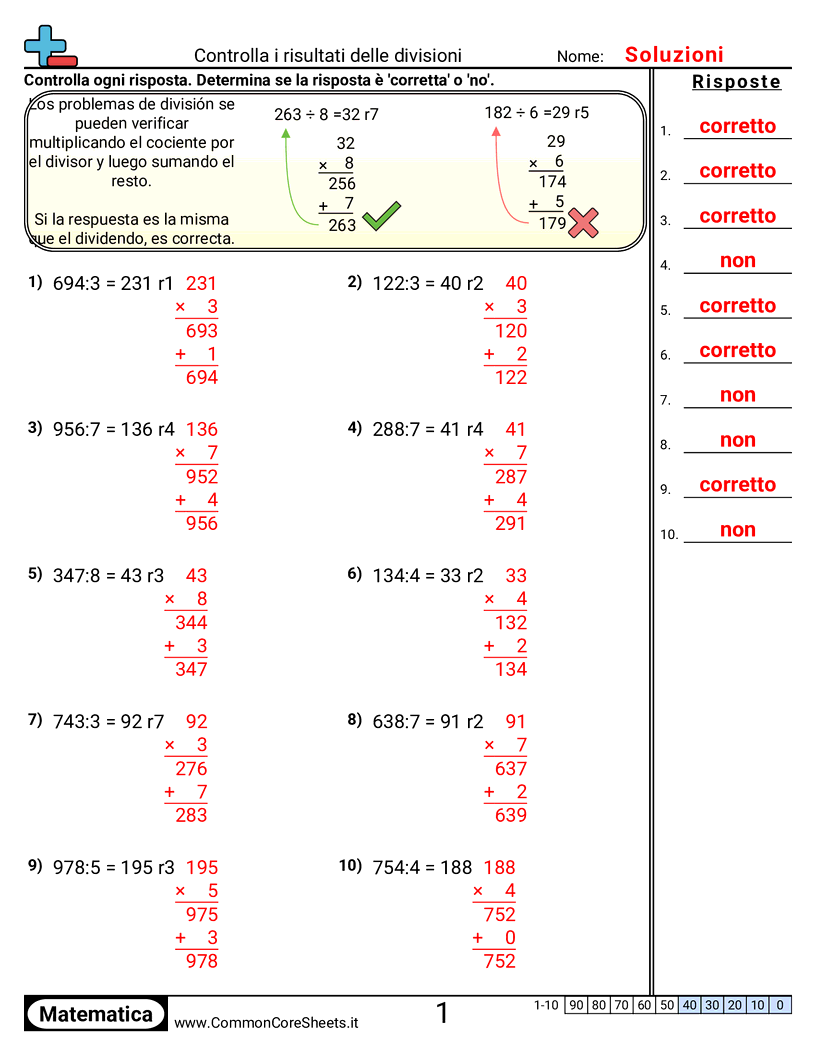 Esercizi sulle Divisioni - Controllare le risposte della divisione worksheet