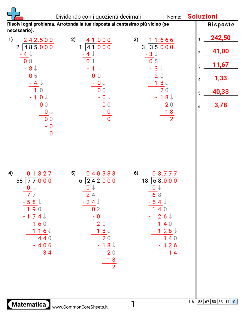 Esercizi sui Decimali - Dividere con quozienti decimali worksheet