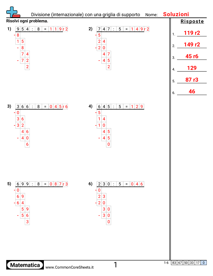 Esercizi sulle Divisioni - Divisione (internazionale) con griglia di aiuto worksheet