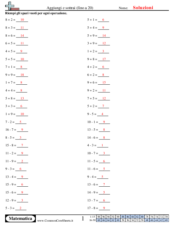  - aggiungi-e-sottrai-fino-a-20 worksheet