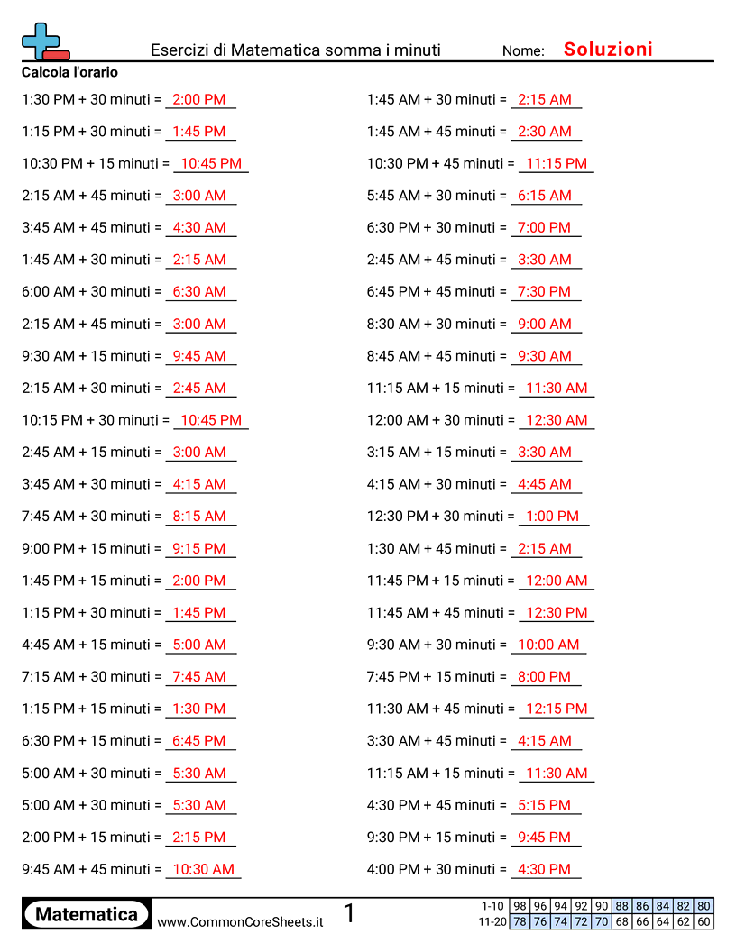 Esercizi Intensivi di Matematica - Somma di minuti worksheet