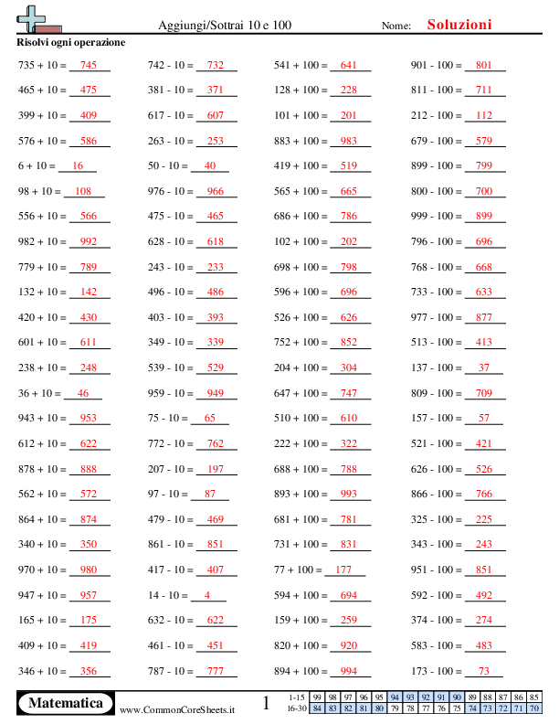  - aggiungi-e-sottrai-10-e-100 worksheet