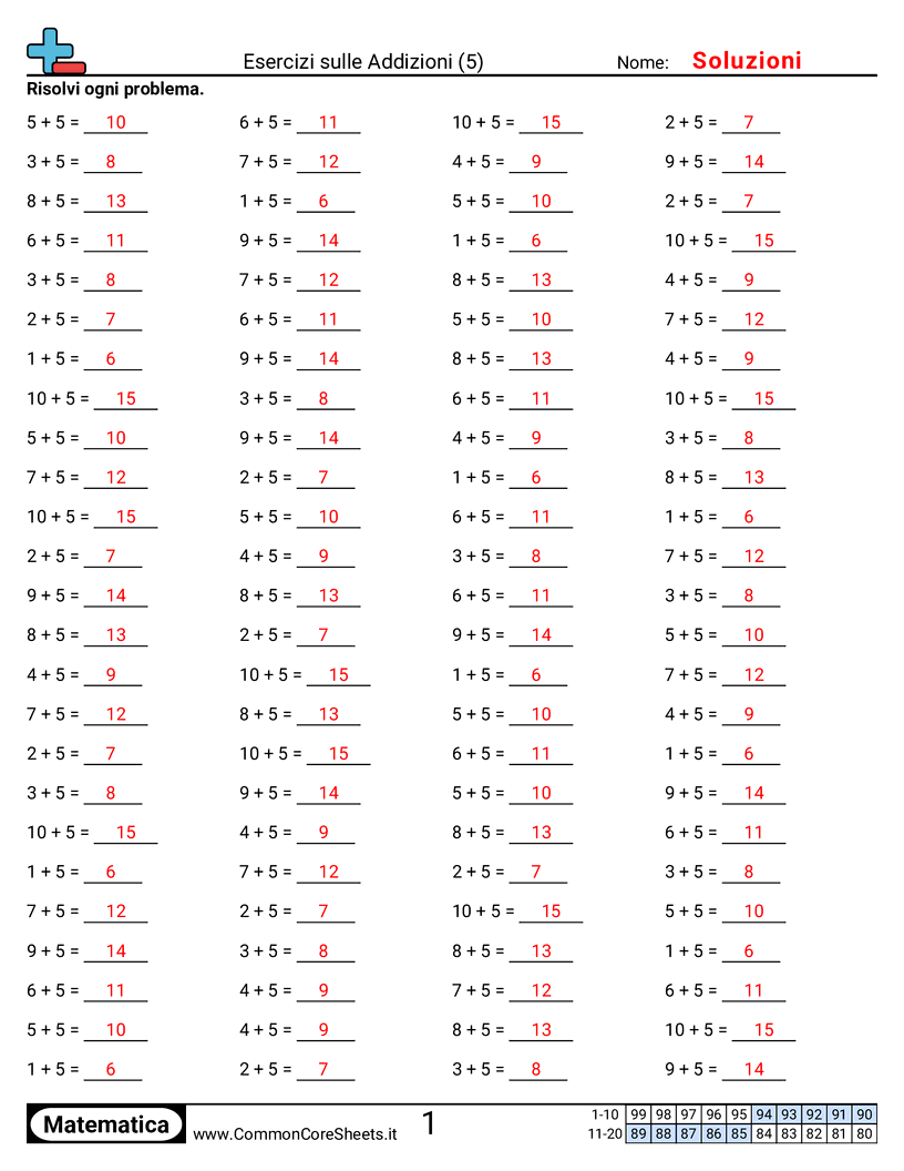 Esercizi sulle Addizioni - 5 (orizzontale) worksheet