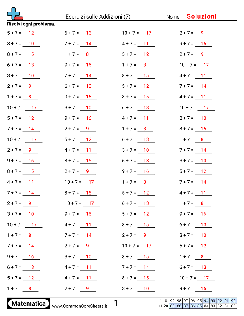 Esercizi sulle Addizioni - 7 (orizzontale) worksheet