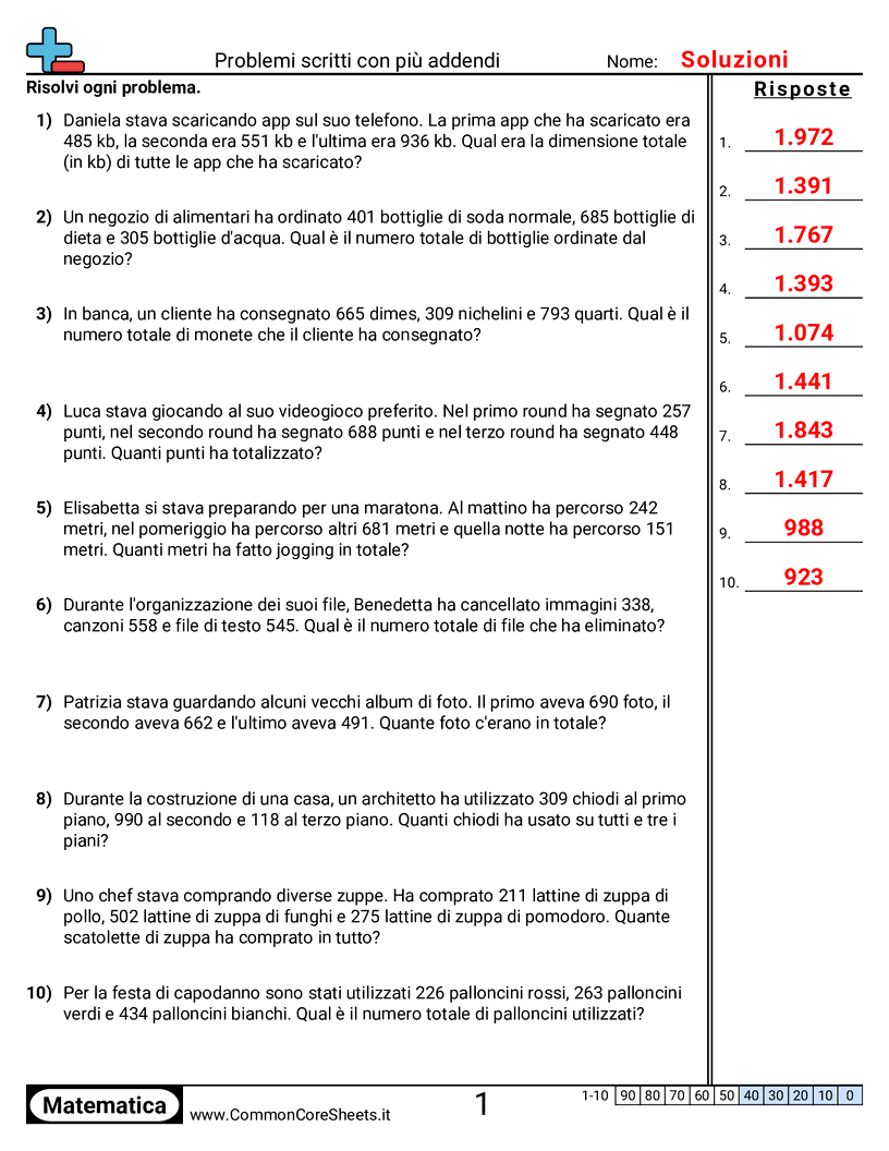 Esercizi sulle Addizioni - Più addendi (3 cifre) (problemi a parole) worksheet