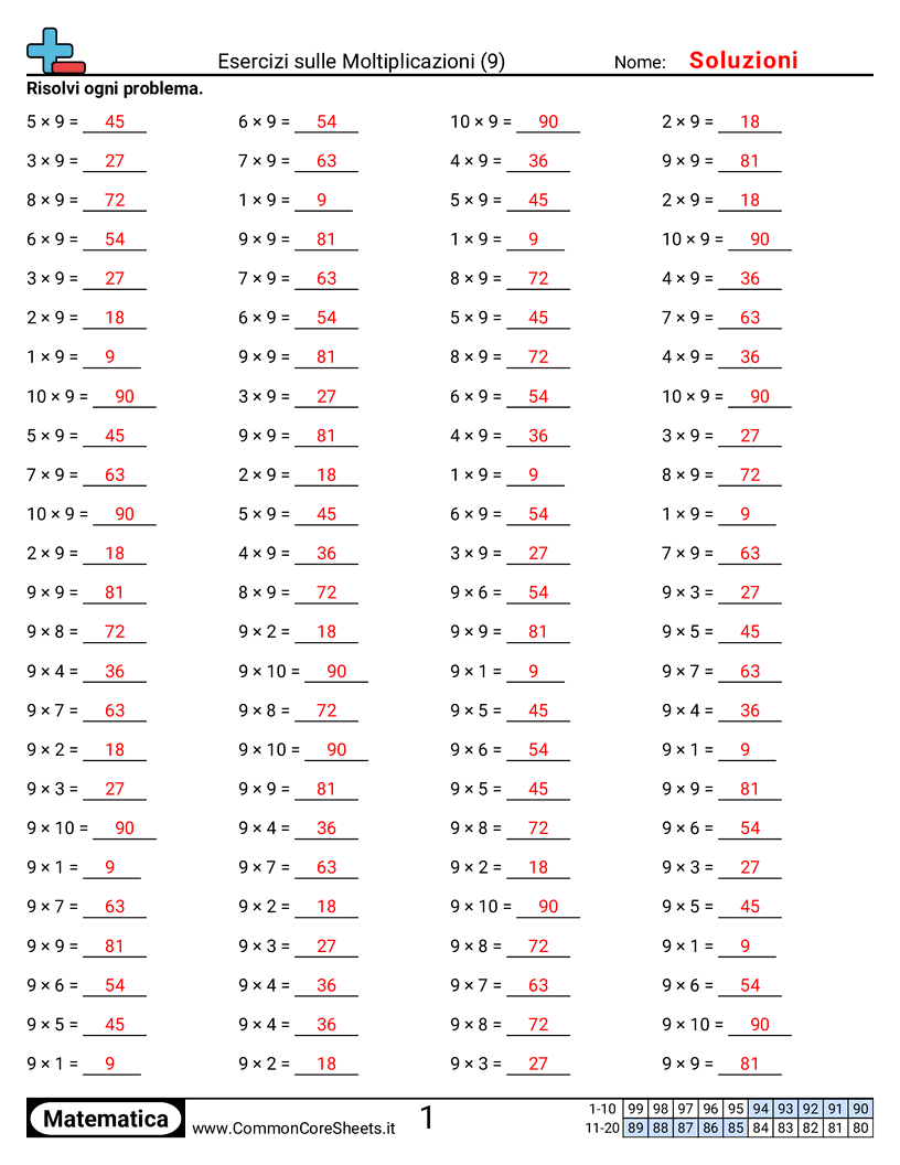 Esercizi Intensivi di Matematica - 9 (orizzontale) worksheet