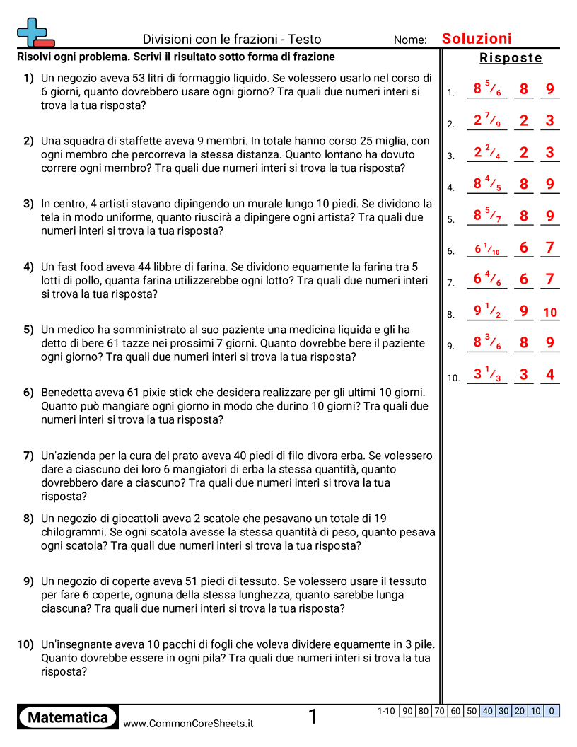 Esercizi sulle Frazioni - Divisione come frazione - a parole worksheet