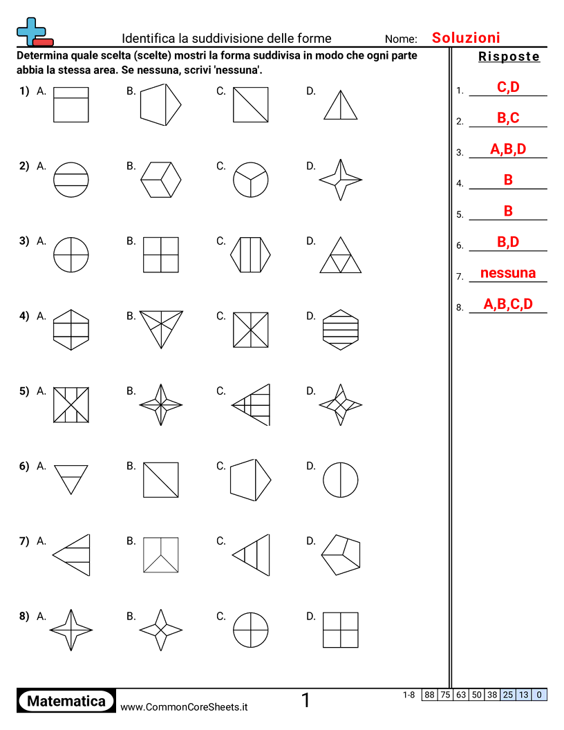 Esercizi sulle Frazioni - Identificare forme suddivise worksheet