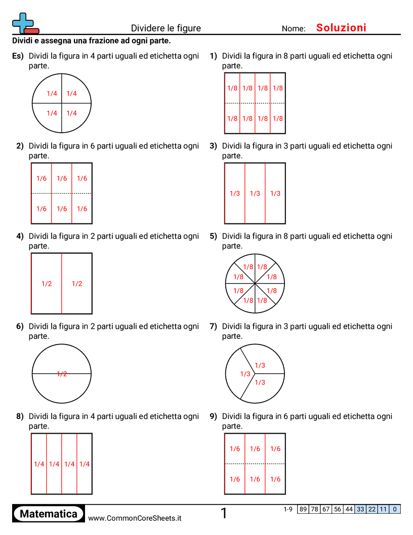 Esercizi sulle Frazioni - Suddividere forme worksheet