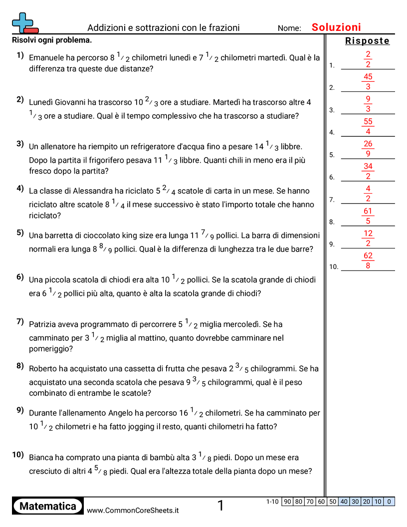 Esercizi sulle Frazioni - Problemi a parole (stesso denominatore) worksheet