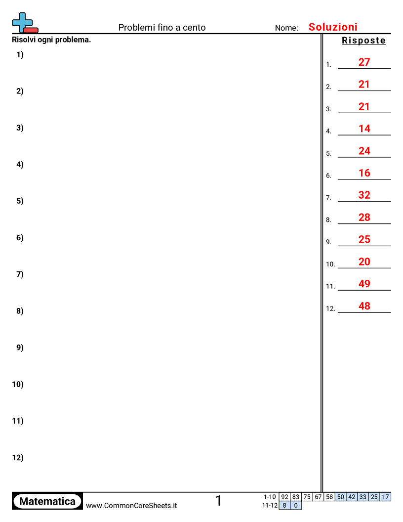 Esercizi sulle Moltiplicazioni - Problemi di moltiplicazione (testo) entro 100 worksheet