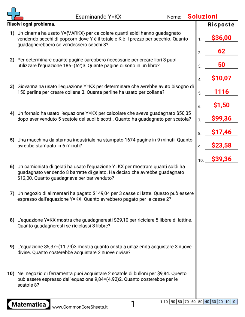 Esercizi sulle proporzioni - Esaminare Y=KX worksheet