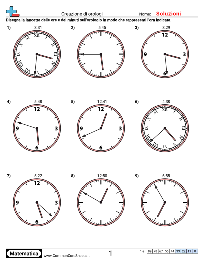 Esercizi sul Tempo - Creare orologi (incrementi di 1 minuto) worksheet