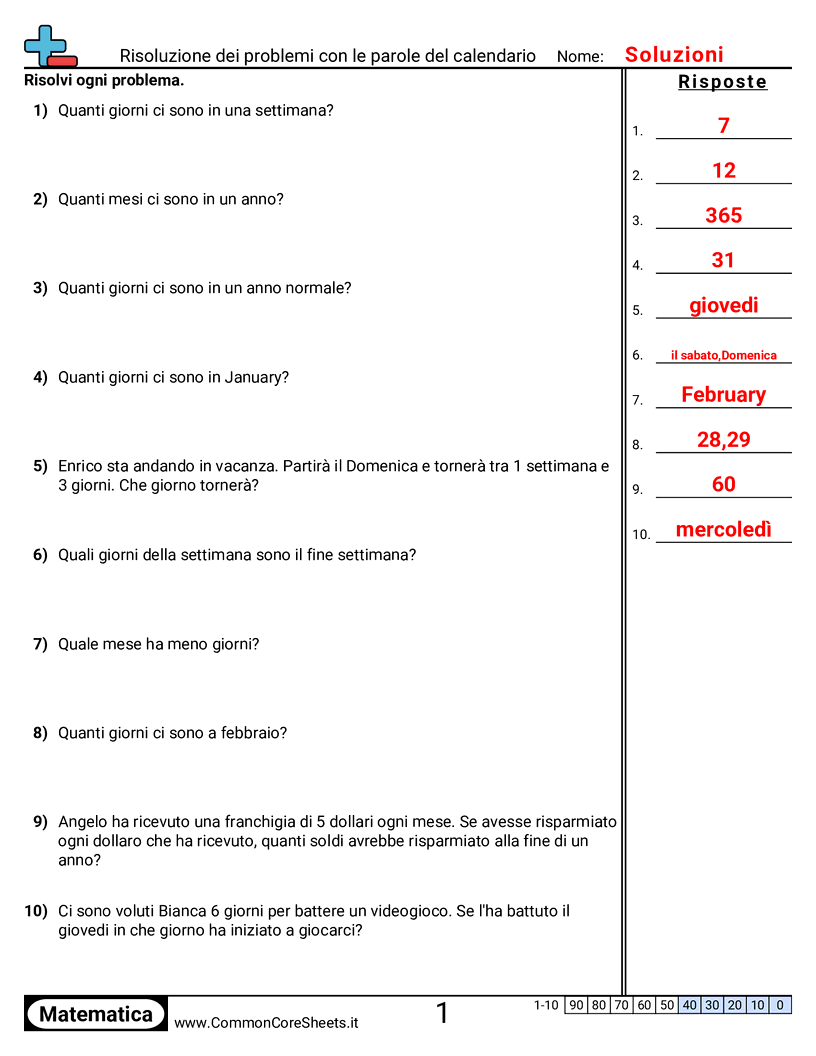 Esercizi sul Tempo - Risolvere problemi (testo) sul calendario worksheet